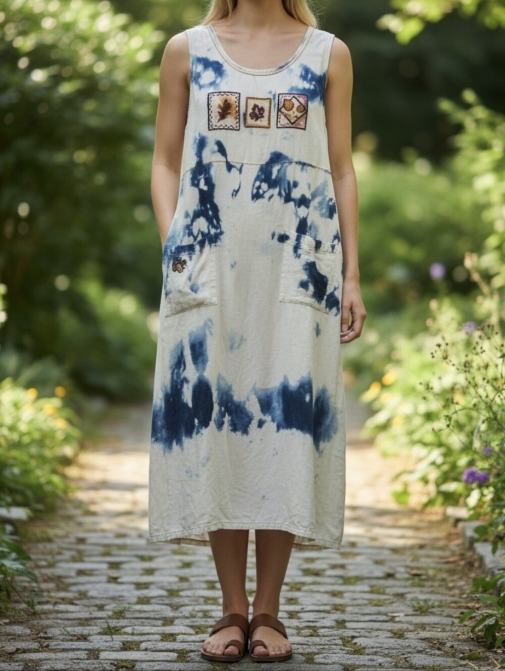 Vintage Bobbie Brooks Denim Dress XL Upcycled Bohemian Patchwork Sleeveless Maxi